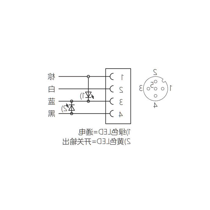 M12 3Pin、母头直型、带LED灯、单端预铸电缆、防焊渣PUR材质、黄色护套、64T031-XXX